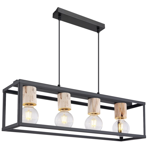 Wisząca LAMPA hygge HAGAR 15476-4H Globo metalowa OPRAWA prostokątny ZWIS industrialna klatka czarna drewniana czarna drewniana