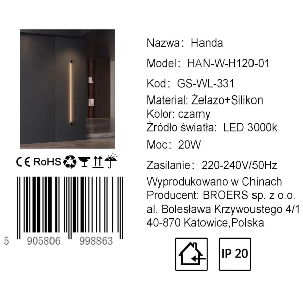 Podłużna lampa ścienna HANDA CGHAND120 LED 20W 3000K czarny