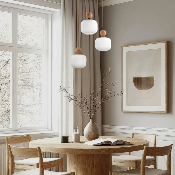 Ekologiczna lampa wisząca Ballo 11050 mleczne kule drewniana brązowy
