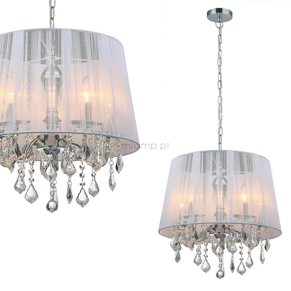 LAMPA wisząca CORNELIA MDM-2572/5 W Italux glamour OPRAWA abażurowa ZWIS z kryształkami organza mgiełka crystal biała