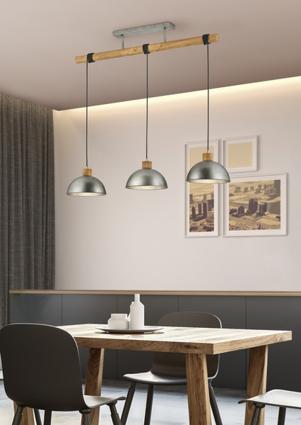 Wisząca LAMPA industrialna DELHI 303400367 Trio loftowa OPRAWA kopuły ZWIS drewniana belka nikiel brązowa