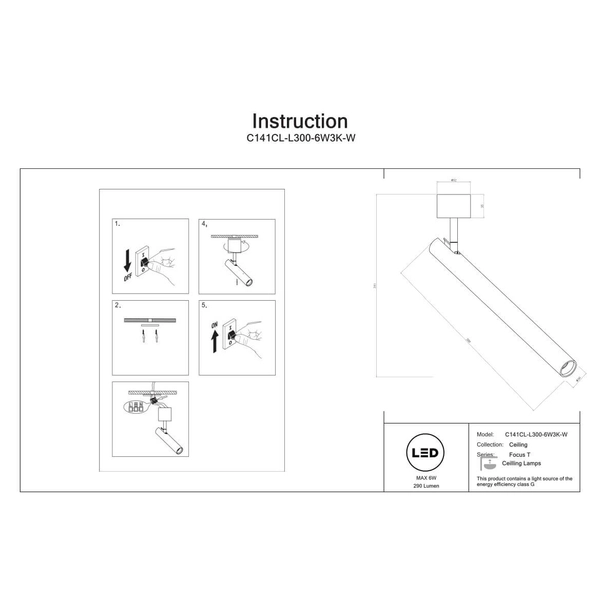 Nasufitowa lampa regulowana Focus C141CL-L300-6W3K-W LED 6W 3000K biała