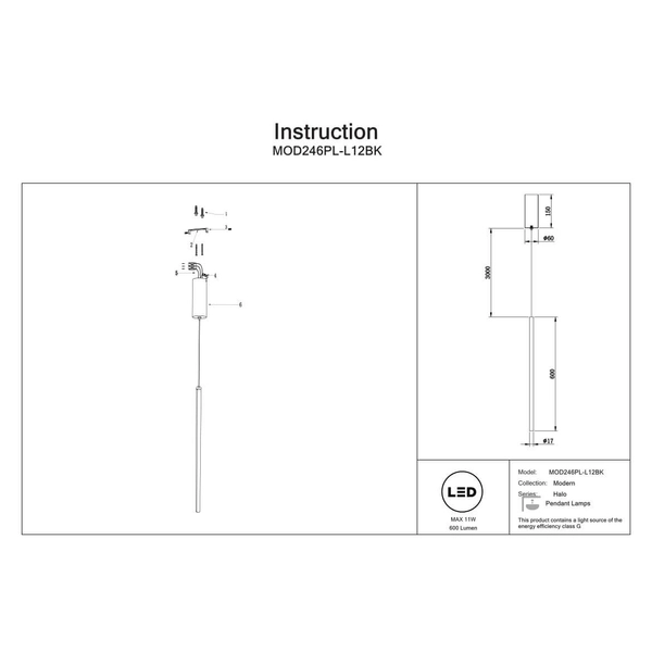 Wisząca lampa do jadalni Halo MOD246PL-L12BK LED 11W 4000K sopel czarny