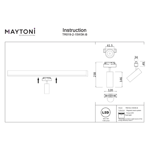 Lampa szynowa magnetyczna Focus TR019-2-15W3K-B LED 18W 3000K tubka czarny