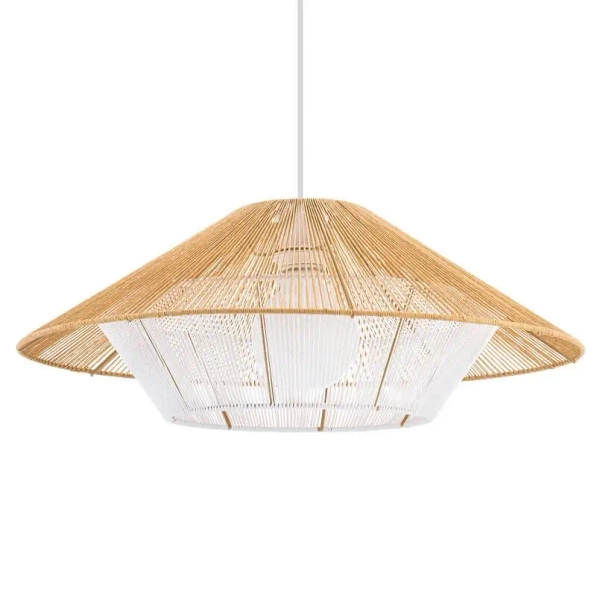 Lampa wisząca Japandi 11156 kapelusz krata drewniana metalowa biała