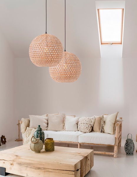 Bambusowa lampa wisząca Oviedo boho kula do jadalni