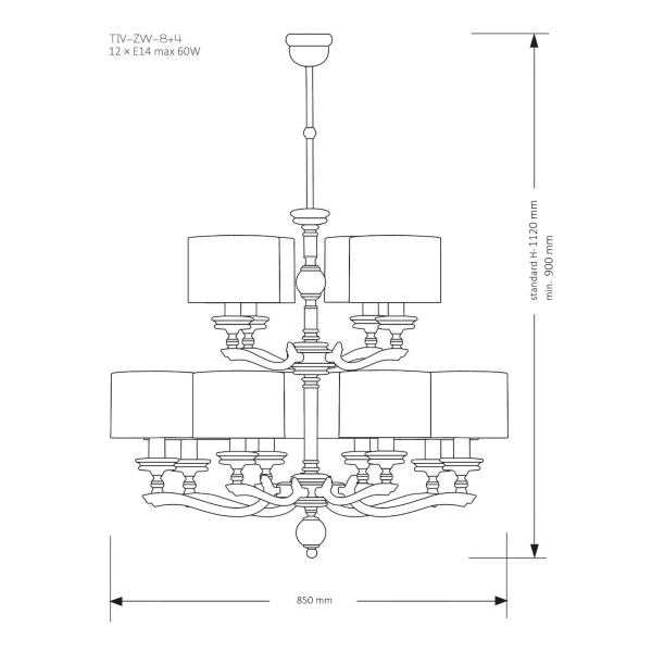 Abażurowy żyrandol klasyczny Tivoli TIV-ZW-8+4 (N) abażury szare nikiel