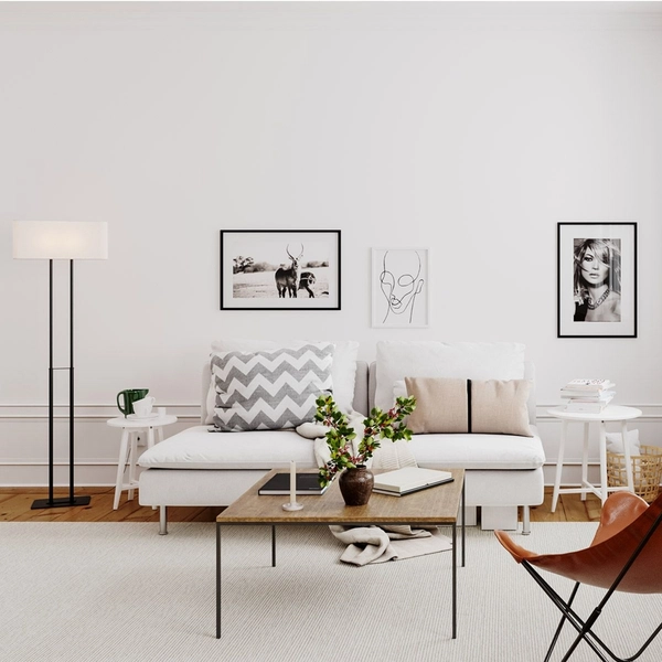 Biała lampa stojąca Luton podłogowa z abażurem do salonu