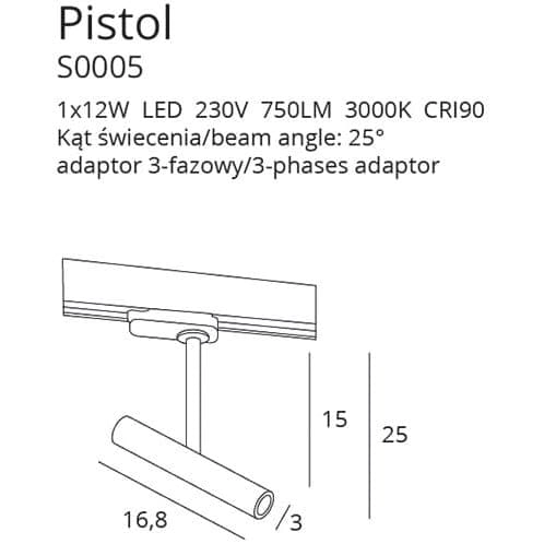 Lampa do szynoprzewodu 3-fazowego PISTOL S0005 LED 12W 3000K spot biała