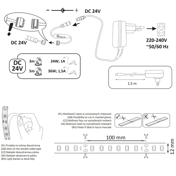 Taśma LED sterownik zasilacz pilot zestaw 319289 34W 5m biała