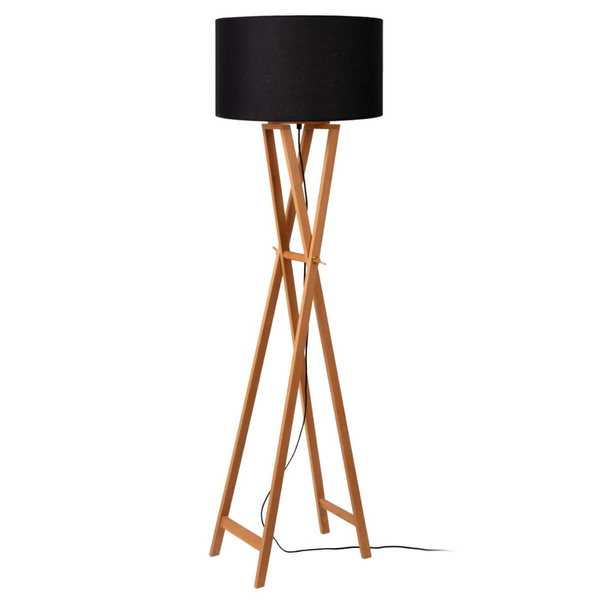 Drewniana lampa podłogowa Trafalgar 30763/81/30 lniany abażur czarna