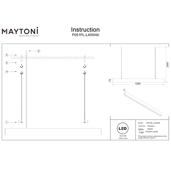 Lampa wisząca Basis P051PL-L40W4K LED 40W 4000K belka nad wyspę biała