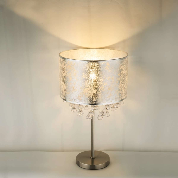 Stojąca LAMPA stołowa AMY 15188T3 Globo nocna LAMPKA abażurowa z kryształkami glamour crystal srebrna przezroczysta