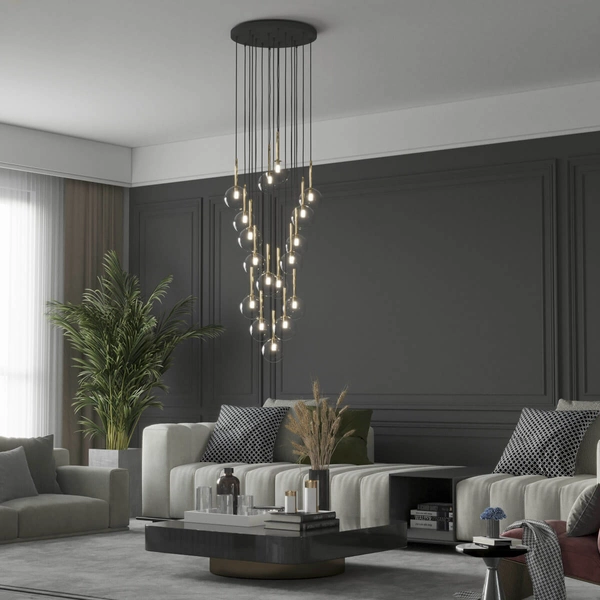 Kaskadowa lampa wisząca Nilos 5945 bubble przezroczysta złota