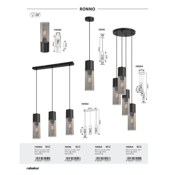 Potrójna lampa wisząca RONNO 72053 szklana loftowa przydymiona czarna