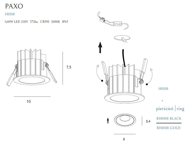 Okrągła oprawa PAXO H0108 + RH0106/H0107 GOLD Maxlight biało złote oczko LED 10W 3000K do kuchni