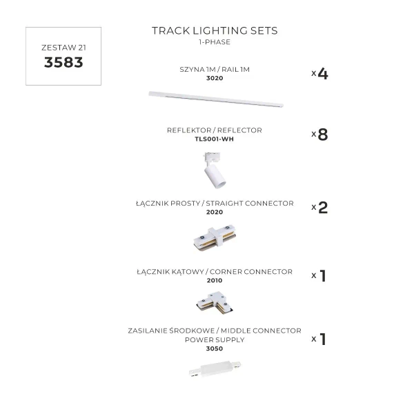 Jednofazowy zestaw szynowy 3583 8x GU10 do jadalni biały