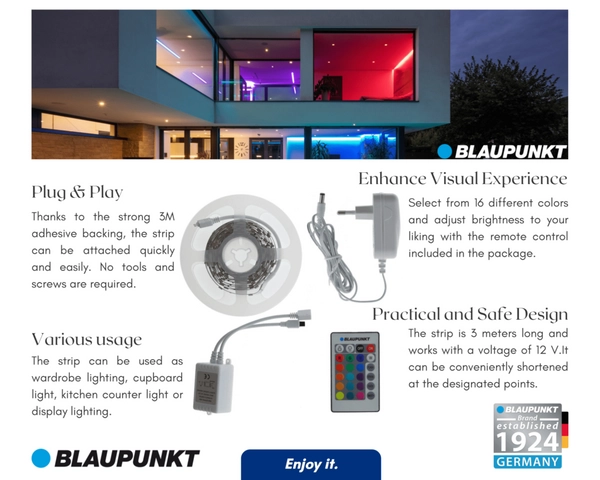 Taśma LED Blaupunkt TL12RGB-SET 16W RGB sterowana pilotem barwa ciepła
