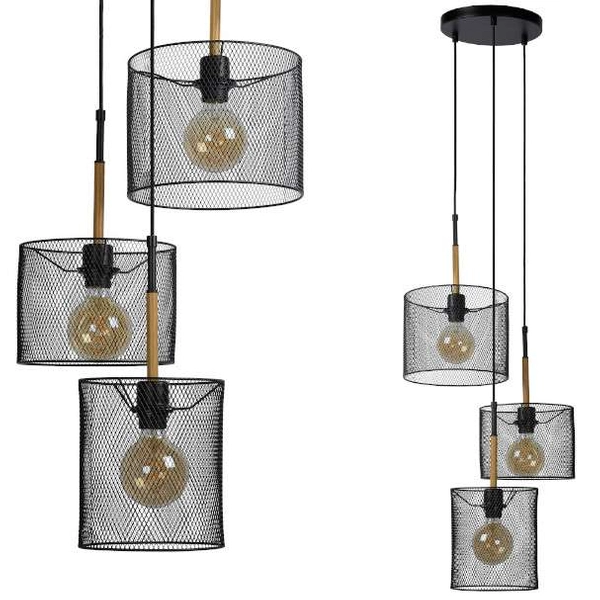 LAMPA wisząca BASKETT 45459/03/30 Lucide druciana OPRAWA metalowy zwis czarny drewno