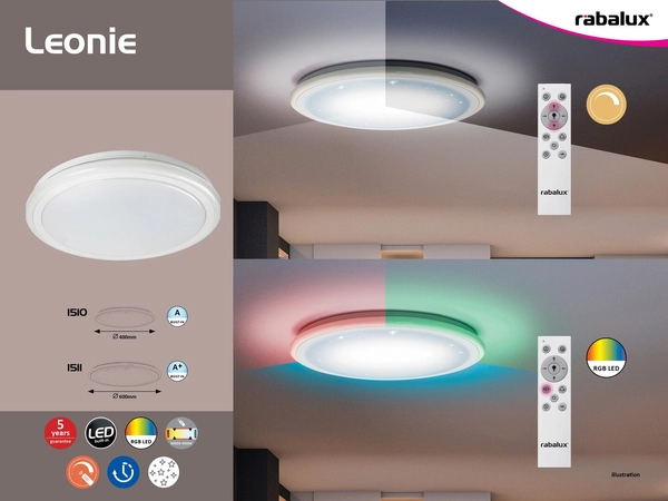 Plafon LAMPA sufitowa LEONIE 1510 Rabalux okrągła OPRAWA z efektem gwiazd LED 32W 3000-6500K z pilotem biała