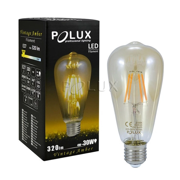 Klimatyczna żarówka podłużna Vintage Amber 304513 Polux ST64 LED 4W E27 edison 320lm 230V biała ciepła