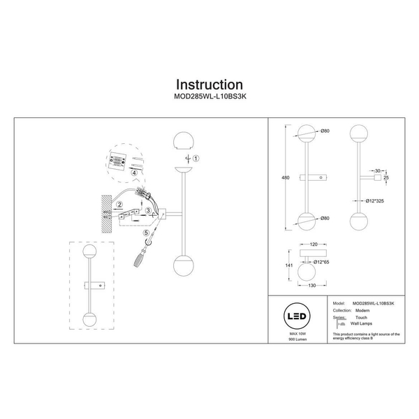 Kinkiet Touch MOD285WL-L10BS3K LED 10W 3000K góra-dół mosiądz biały