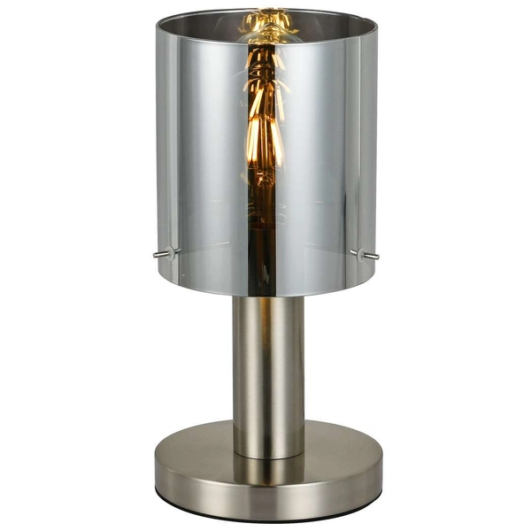 Biurkowa LAMPA skandynawska SARDO TB-5581-1-SC+SG Italux loftowa LAMPKA szklana tuba biurkowa stojąca nikiel przydymiona