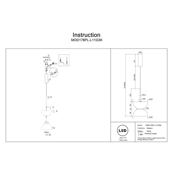 Zawieszana lampa Kyoto MOD178PL-L11G3K Maytoni LED 11W 3000K złota biała