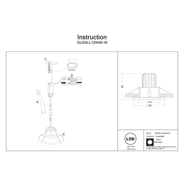 Lampa tarasowa sufitowa Zoom DL034-L12W4K-W LED 12W 4000K IP65 oczko biała
