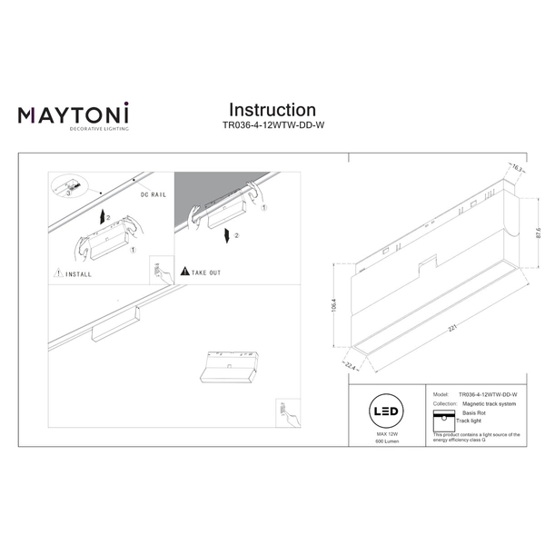 Szynowa lampa magnetyczna Basis TR036-4-12WTW-DD-W LED 12W 2700-6000K regulacja biała