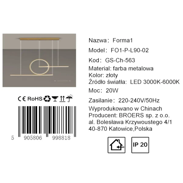 Pierścieniowy żyrandol FORMA CGFORMA90 LED 20W 3000-6000K ring złoty