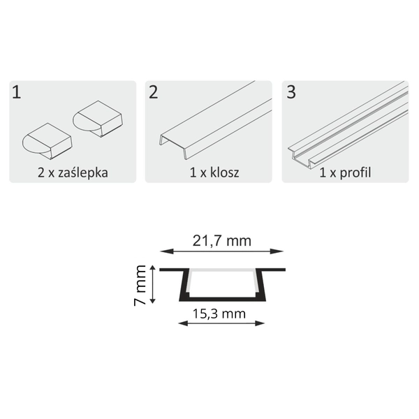 Profil podtynkowy do taśm LED + klosz 316127 2m zestaw czarny biały