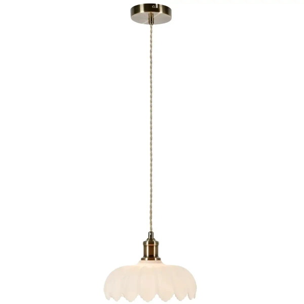 Zwisająca lampa nad blat Kurage 108857 falista mleczny klosz mosiądz