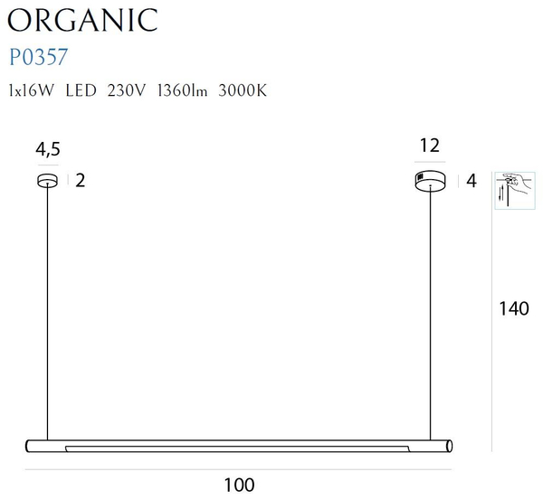 LAMPA wisząca ORGANIC P0357 Maxlight metalowa OPRAWA liniowa belka ZWIS listwa LED 16W 3000K podłużna biała