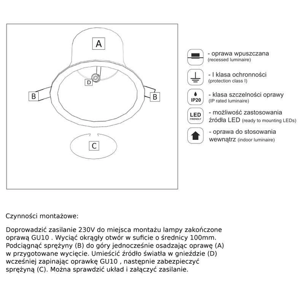 Wpuszczana LAMPA sufitowa KAMI 3326 Shilo okrągła OPRAWA podtynkowa OCZKO metalowe czarne