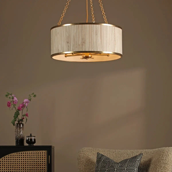 Drewniana wisząca lampa Fenella FEN0535 lniana trawa morska złoty