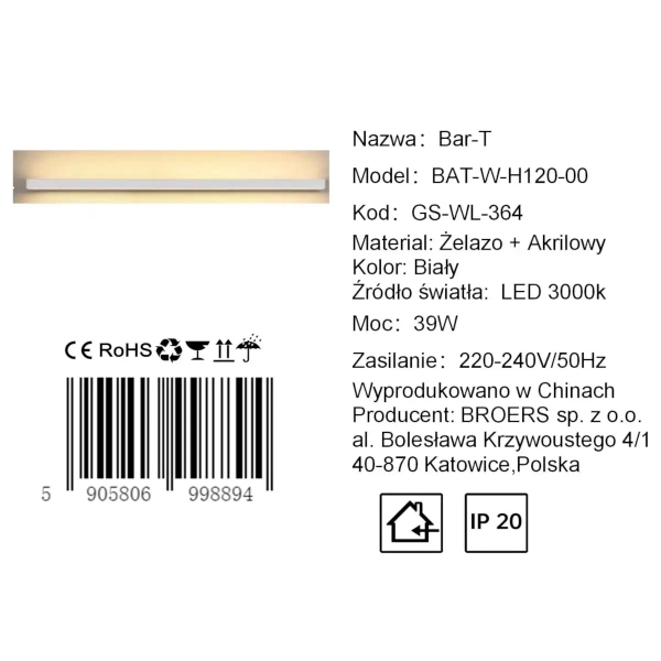 Kinkiet ścienny belka BAR/T CGBART120 LED 39W 3000K do jadalni czarny