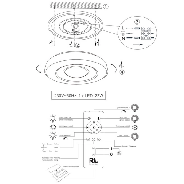 Plafon z funkcją RGB Arco R65091032 RL Light LED 22W 2700-6000K czarny