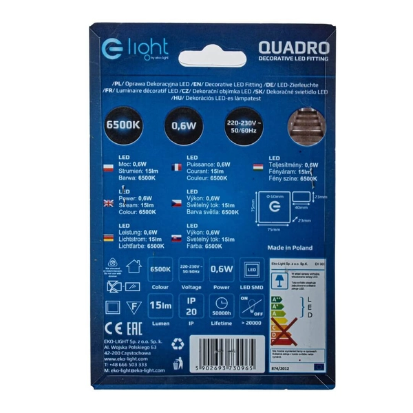 Lampa schodowa ścienna Quadro EKS0965 LED 0,6W 6500K płytka biały srebrny