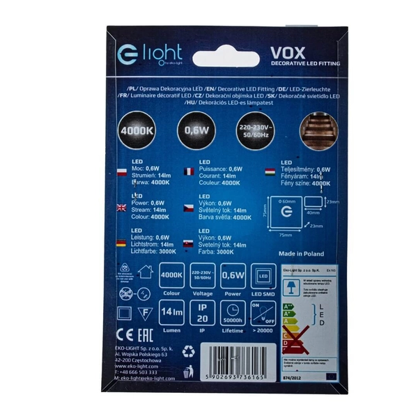 Ścienna lampa schodowa Vox EKS6165 Eko-light LED 0,6W 4000K biała srebrna