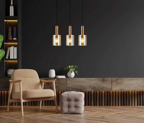 Wisząca LAMPA skandynawska SARDO PND-5581-3-BRO+AMB Italux loftowa OPRAWA szklany ZWIS okrągłe tuby mosiądz bursztynowe
