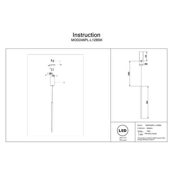 Gabinetowa lampa wisząca Halo MOD246PL-L12BSK LED 11W 4000K tuba mosiądz
