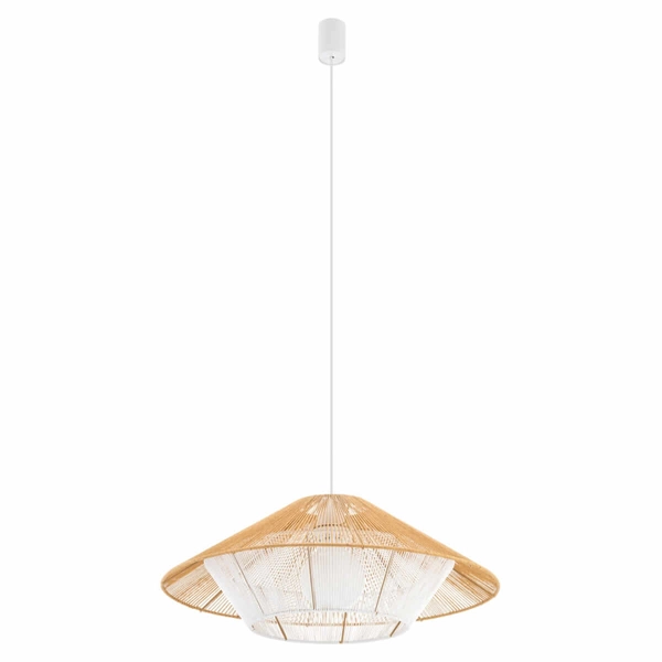 Drewniana zwisająca lampa Japandi 11157 parasol cage sznurek metalowa biała