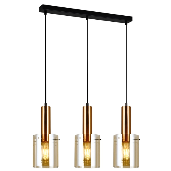 Wisząca LAMPA skandynawska SARDO PND-5581-3-BRO+AMB Italux loftowa OPRAWA szklany ZWIS okrągłe tuby mosiądz bursztynowe