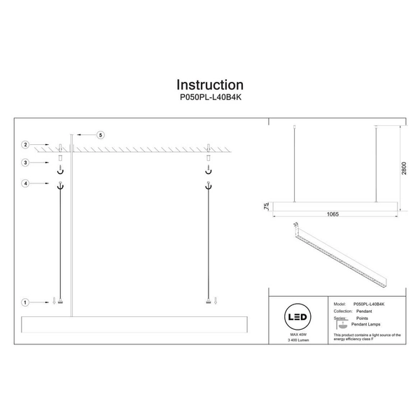 Lampa zawieszana Points P050PL-L40B4K Maytoni LED 40W 4000K belka czarna