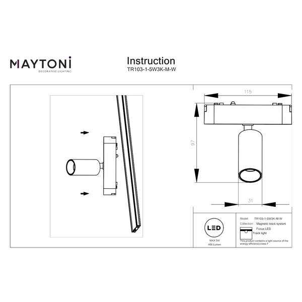 Szynowa lampa ścieżka świetlna Focus TR103-1-5W3K-M-W LED 5W 3000K magnetyczna biała