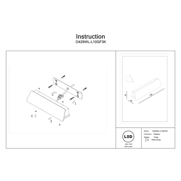 Lampa naścienna Trupp O429WL-L10GF3K IP54 zewnętrzna podłużna grafitowa