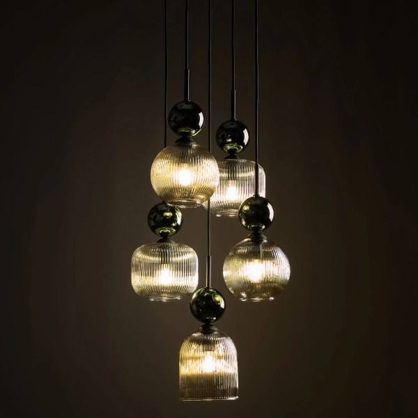 Szklana salonowa lampa wisząca Sophia Green 11149 ryflowana zielony