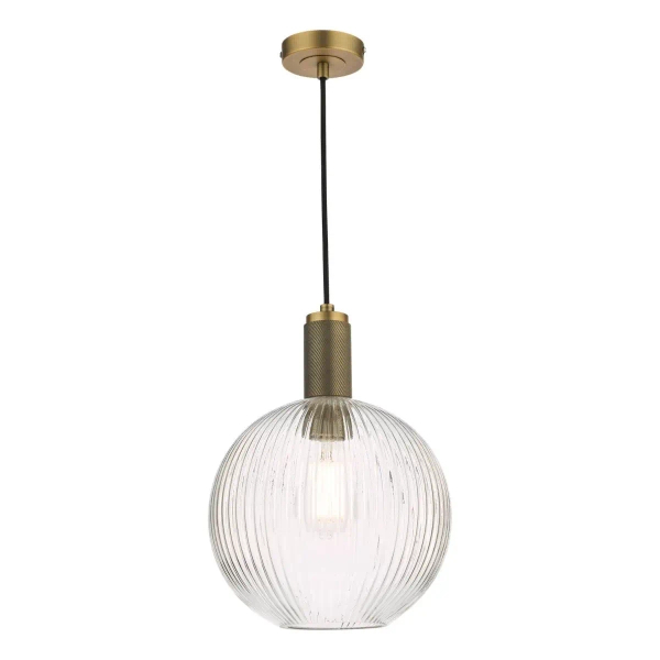 Okrągła zwisająca lampa Nikolas NIK0140-E02 żebrowana szklana mosiądz