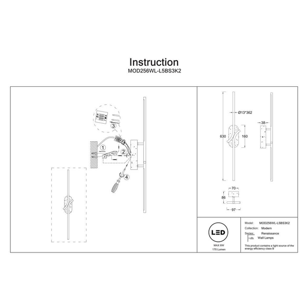 Lampa ścienna Renaissance MOD256WL-L5BS3K2 LED 6W 3000K pręty mosiądz szary